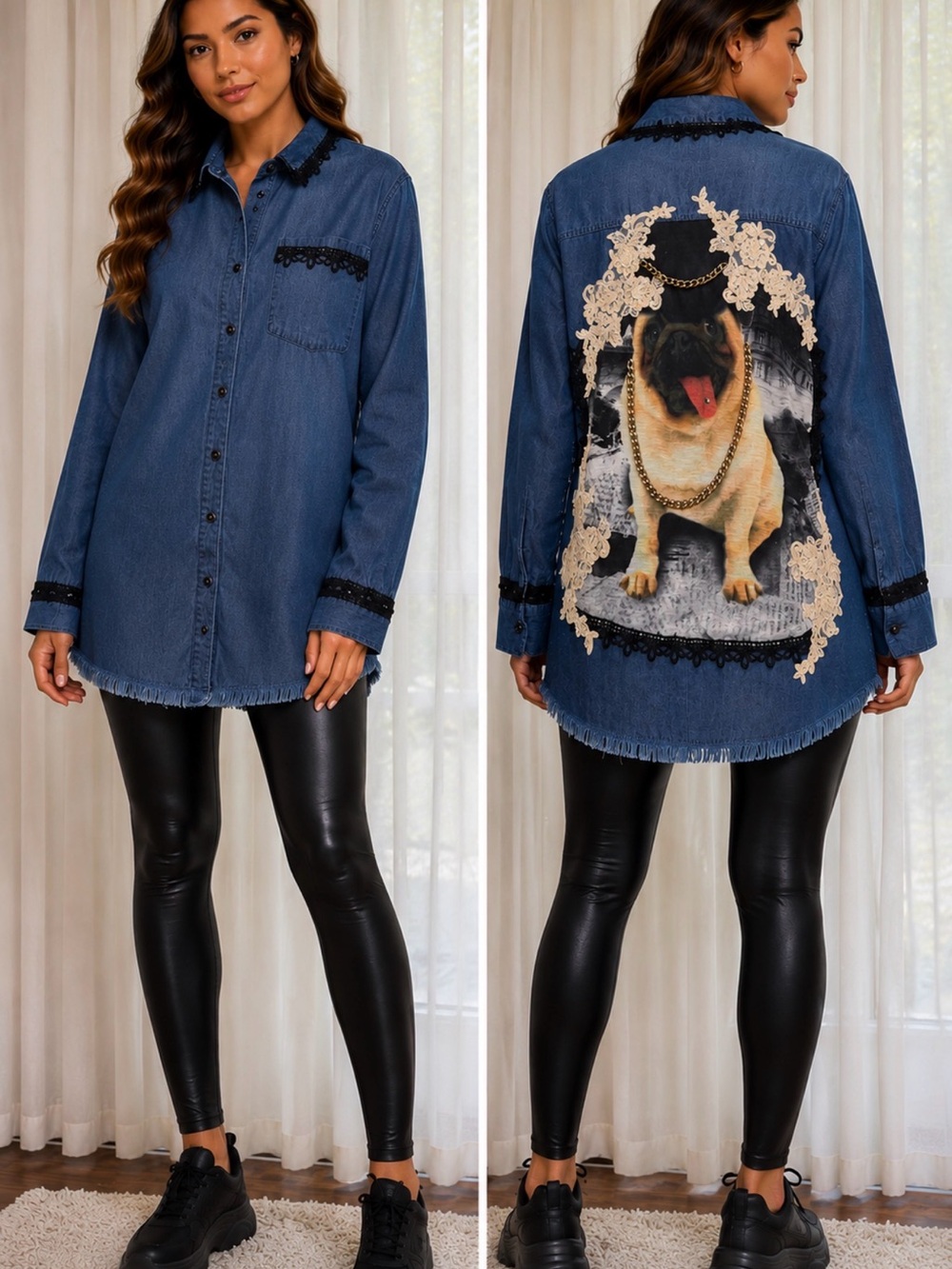 Chic Denim Jacket with Dog Print and Lace (Pet)